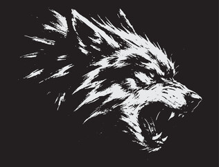 Aggressive growling wolf head in rough black and white brush sketch style with wild expression and fur strokes. © Chairul