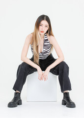 Photo trendy fashion asian attractive pretty young woman model poses confidence wear zebra print...