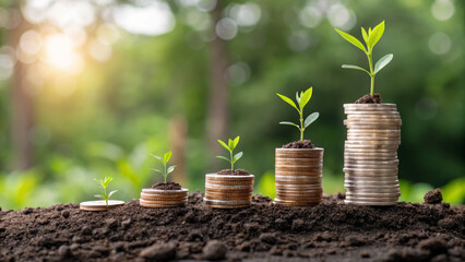 Sustainable business green environmental. Young plant coin soil growth investment finance green nature saving money . Environment, earth day, corporate, development, eco friendly, save energy