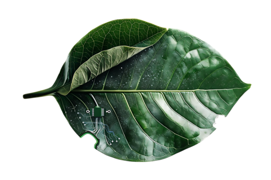 Green leaf with technological elements, nature and tech fusion
