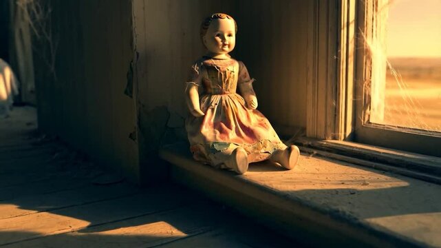Antique doll on windowsill