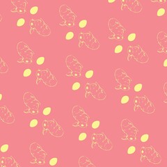 Fototapeta premium Repeating yellow rabbit head outlines and small ovals are forming flat coral pink pattern