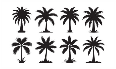 Collection of eight diverse palm tree silhouettes on a white background