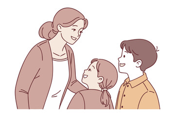 Moments of Togetherness: A loving interaction unfolds as a mother and her children share a moment of connection, reflecting a portrait of family love and the comforting presence of a parent.