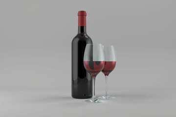 Bottle with half full wineglasses
