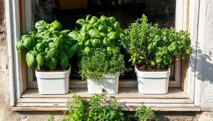 Three white planter boxes filled with herbs sit on a windowsill, bathed in sunlight