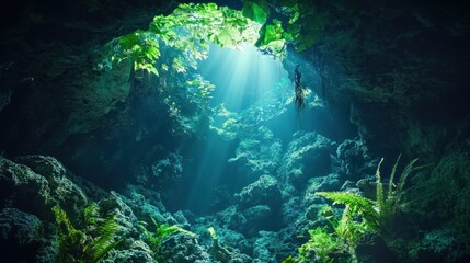 Fototapeta premium Sunlight streams into a deep underwater cave, illuminating vibrant greenery and rocky formations.