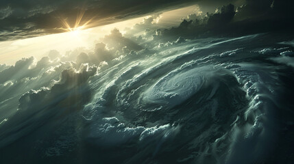 Aerial view of a large hurricane with swirling clouds and sunlight breaking through the dark storm clouds