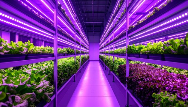 Vertical farming in a futuristic laboratory with fresh greens growing under UV light