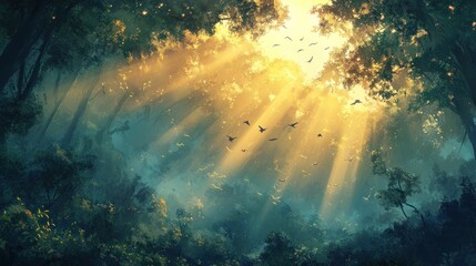 Sunlight streams through a dense, vibrant jungle canopy, illuminating birds in flight. Lush, green foliage fills the scene, creating a mystical atmosphere.