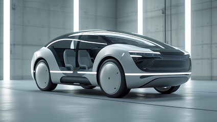 Autonomous Electric Vehicle in Futuristic Garage – Sleek Self-Driving Car Design Concept