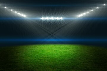 Flat design green grass pitch glowing under curved floodlights, showing light beams and blue flares