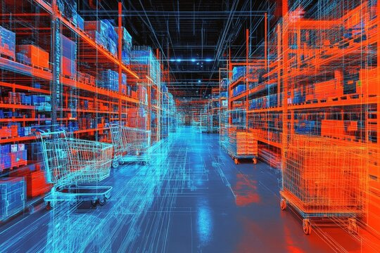 Warehouse interior, digital lines, shopping carts, futuristic view - Powered by Adobe