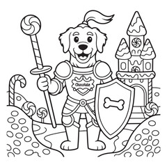 Dog knight in candy land coloring page black and white art