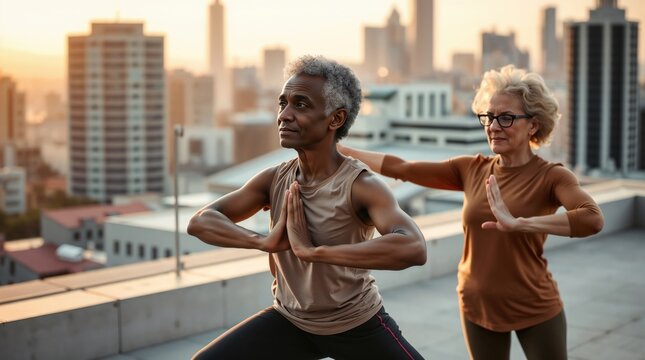Diverse Senior Adults Practicing Yoga on Urban Rooftop at Sunset - Powered by Adobe