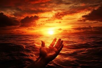 Reaching Hand Toward Fiery Sunset Over Ocean