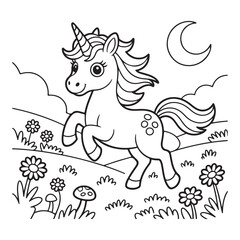 Cartoon unicorn running in a field with moon and flowers