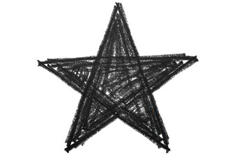 A handdrawn black star shape with a rough, grunge texture isolated on transparent background