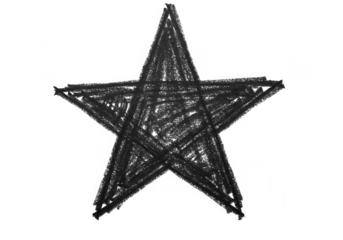 A handdrawn black star shape with a rough, grunge texture isolated on transparent background