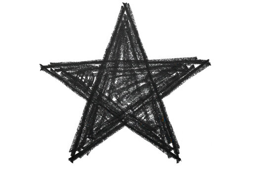 A handdrawn black star shape with a rough, grunge texture isolated on transparent background