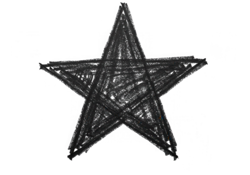 A handdrawn black star shape with a rough, grunge texture isolated on transparent background - Powered by Adobe