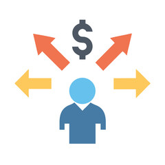 Business decision financial choice concept represented by arrows and dollar