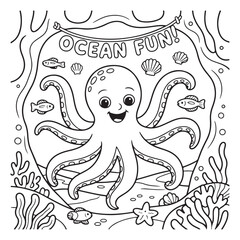 Cartoon octopus with ocean fun banner coloring page art