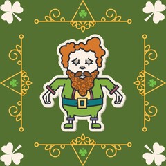 Composition of leprechaun icon over shapes on green backrgound