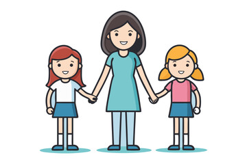 Mom holding daughters' hands: A heartwarming image of a mother standing confidently, her arms gently holding hands with her two daughters, radiating love and the unbreakable bond of family.