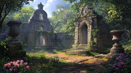 Sunlit ruins of a forgotten garden. Lush overgrown ancient stone structures with a pathway, archways and a doorway in a tranquil, floral setting.