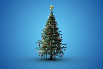 Showing Christmas tree with red or silver baubles or snowflakes or lights or star on blue gradient b