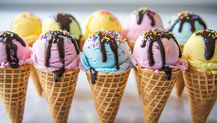 Colorful ice cream cones, topped with chocolate and sprinkles