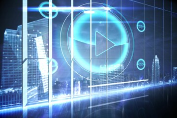 Hologram interface in office overlooking city