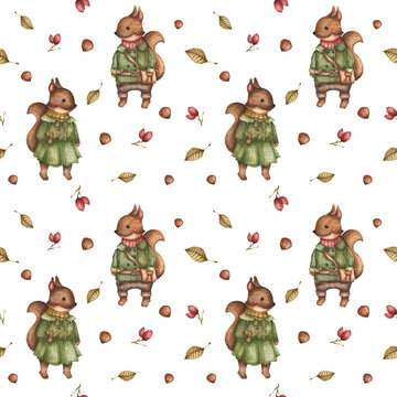 Illustration of a pattern of a squirrel and acorns