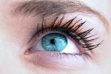 Macro close-up flat design is showing turquoise iris radiating details with mascara eyelashes