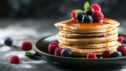 Stack of golden brown pancakes drizzled with syrup, topped with fresh blueberries and raspberries, on a dark plate