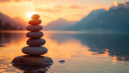 Stacked stones on water at sunrise.  Sunrise over still lake with mountain range.  Balanced stones create serene scene