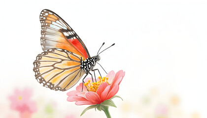 Vibrant watercolor illustration of an orange butterfly with flowers. Represents nature, beauty, spring, or delicate art. Colorful and graceful.

