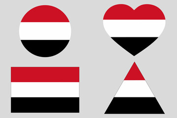 Set of Yemen national flags in circle, heart, square, and triangle shapes. Official standard colors. Perfect for education, infographics, national day, politics, or cultural identity design.