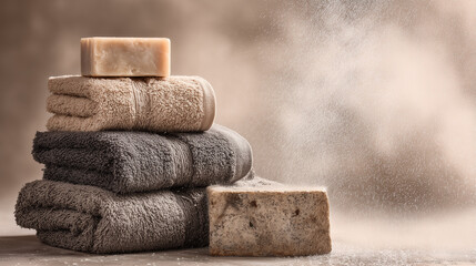 Elegant Still Life Featuring Stacked Towels and Artisanal Soap in Muted Tones