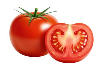 A vibrant red tomato and a halved tomato isolated on transparent background show the juicy interior