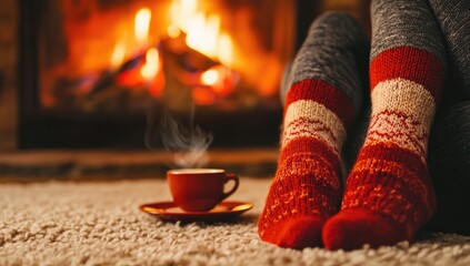 Cozy winter scene by a fireplace.  Woman's feet in warm, patterned socks, with a cup of hot drink nearby.  Focus on comfort and warmth