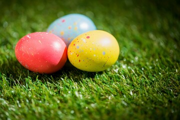 Easter eggs on grass in garden