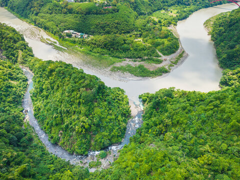Lush Green Forest River Aerial View