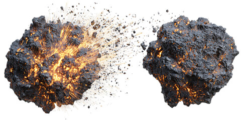 Fiery asteroid collision, space rock explosion.