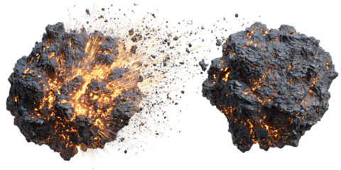Fiery asteroid collision, space rock explosion.
