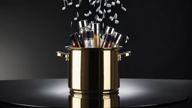 Golden pot filled with spice jars and musical notes, creative modern kitchen cooking concept, gourmet flavor composition, black background