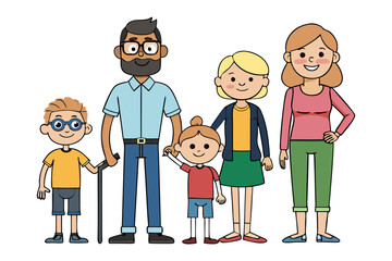 Diverse Family Portrait: A heartwarming cartoon illustration of a happy family stands together, united in love and affection, symbolizing the beauty of familial bonds.