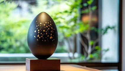 Polished black egg, speckled gold, on wooden pedestal, in front of greenery