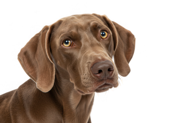 A cute brown weimaraner dog portrait isolated on transparent background looks directly at the viewer